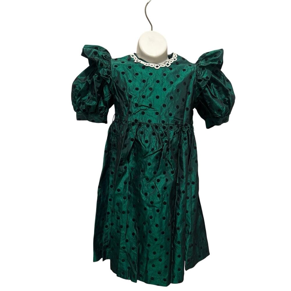 80’s Holiday hunter green tea party dress blk polka dots girls 5T “Paper Dolls”